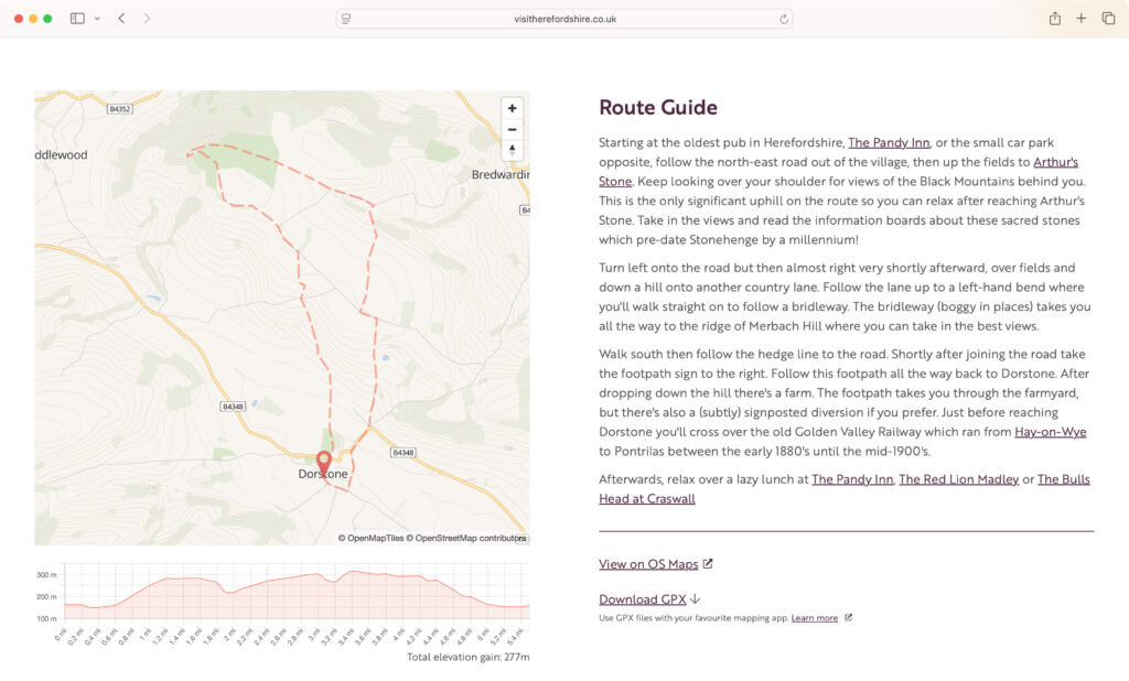 Screenshot showing a route map on the Visit Herefordshire website