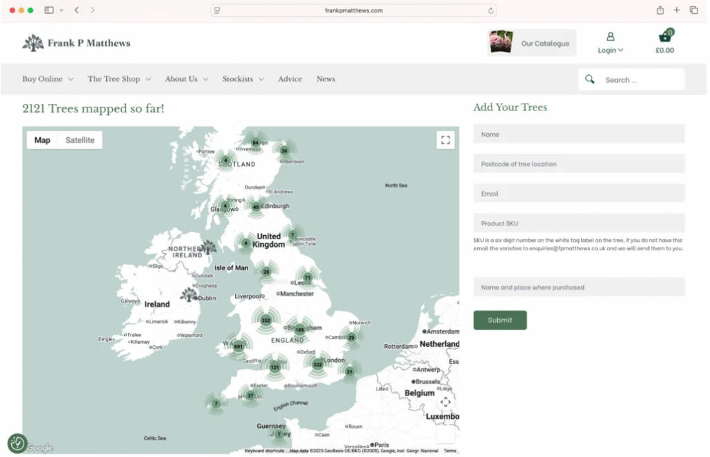 A screenshot showing a map of trees planted across the UK